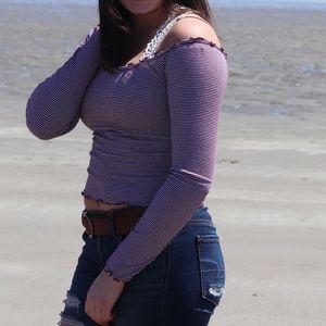 Maroon & White Striped Off-The-Shoulder Crop Top